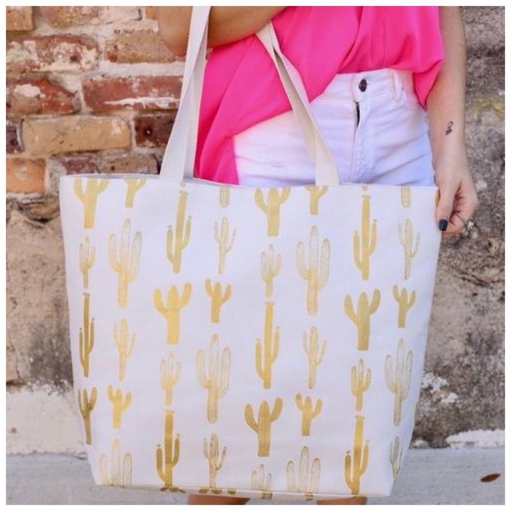 WHITE | Boho foil cactus tote bag